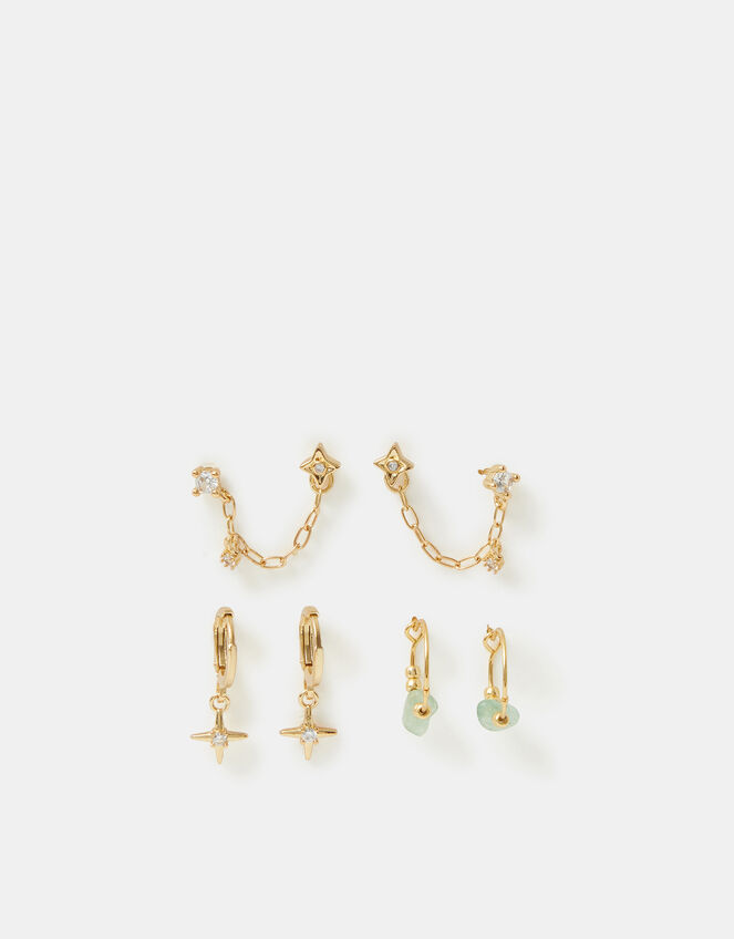 14ct Gold-Plated Quartz Healing Stone Stud & Hoop Earrings Set, Green (GREEN), large