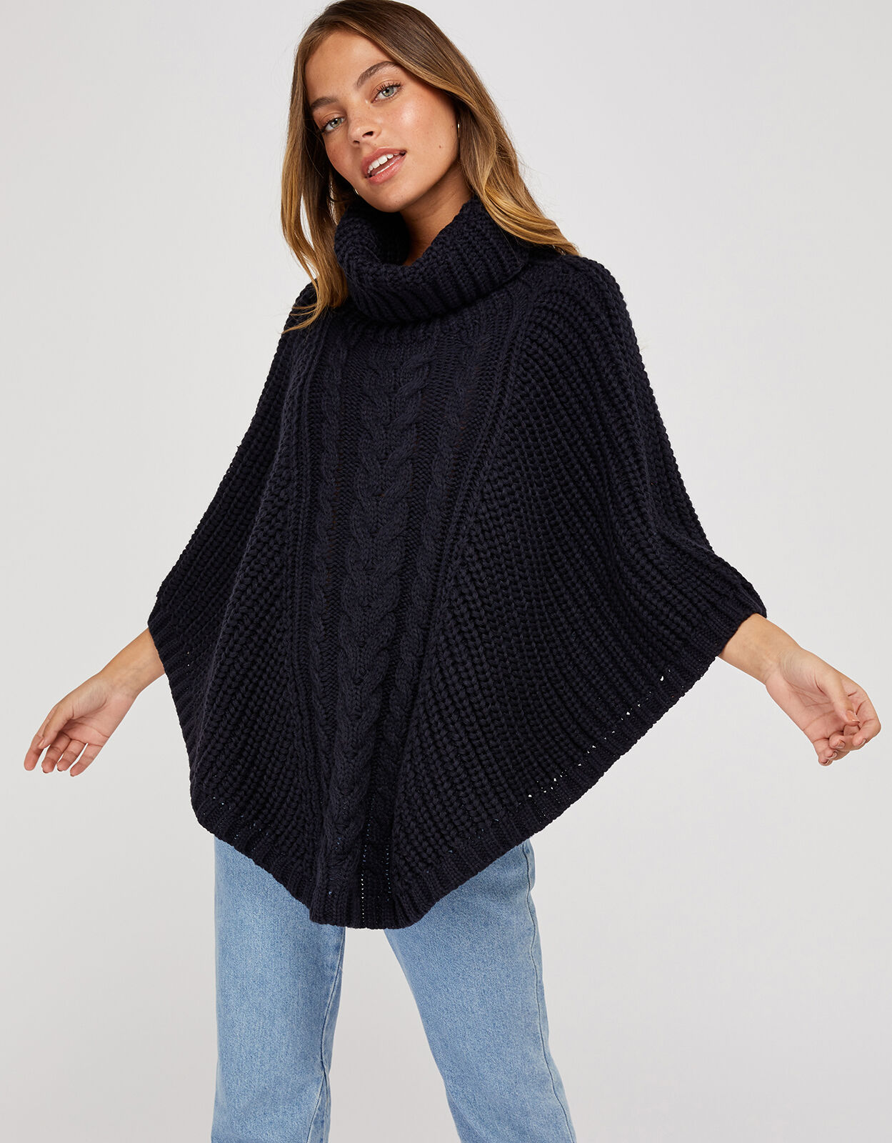Chunky Cable Knit Poncho Blue Blanket scarves Accessorize UK