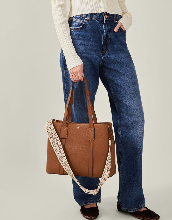 Webbing Strap Tote Bag, Tan (TAN), large