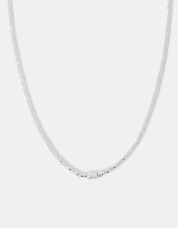Sterling Silver-Plated Pearl Beaded Necklace, White (WHITE), large