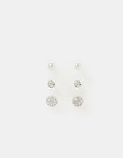 3-Pack Pav&eacute; Stud Earrings, Silver (SILVER), large