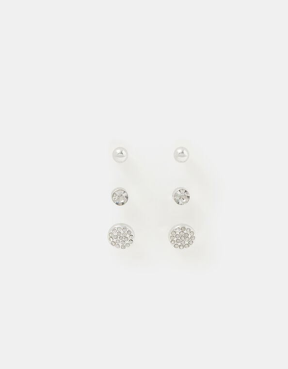 3-Pack Pav&eacute; Stud Earrings, Silver (SILVER), large