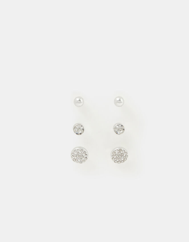 3-Pack Pav&eacute; Stud Earrings, Silver (SILVER), large