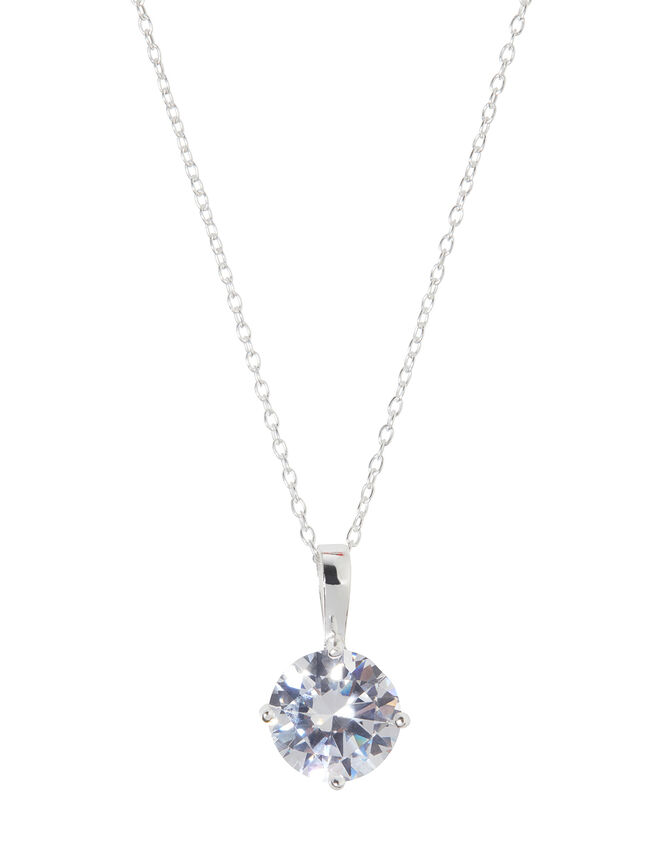 Sterling Silver Round Cut Solitaire Necklace, , large