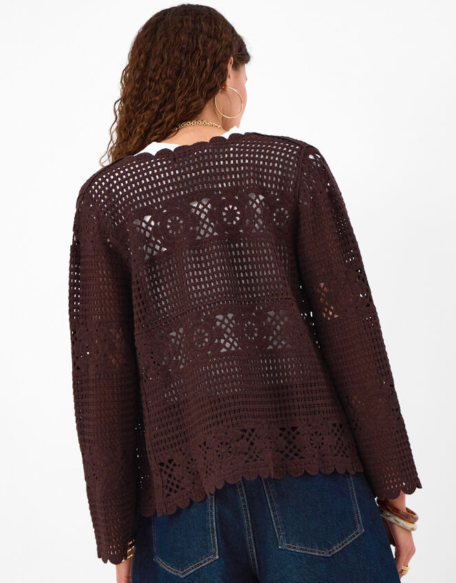 Crochet Tie Front Cardigan , Brown (BROWN), large