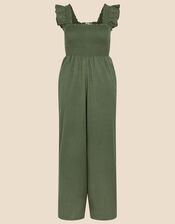 Shirred Frill Shoulder Jumpsuit, Green (KHAKI), large