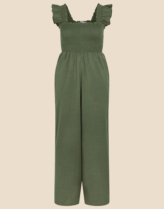 Shirred Frill Shoulder Jumpsuit, Green (KHAKI), large