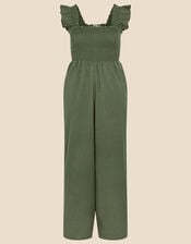 Shirred Frill Shoulder Jumpsuit, Green (KHAKI), large