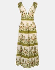V-Neck Palm Print Tiered Maxi Dress, Ivory (IVORY), large