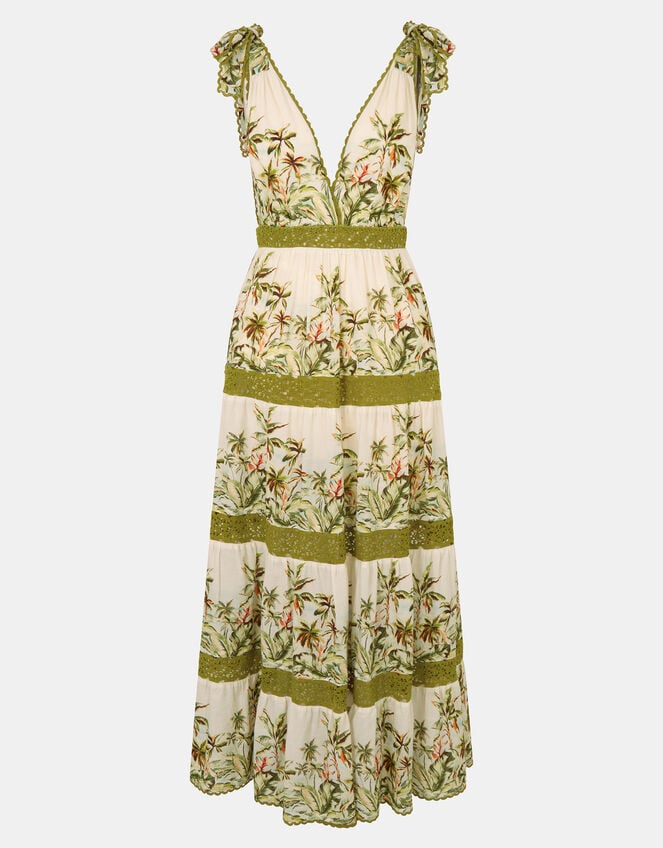 V-Neck Palm Print Tiered Maxi Dress, Ivory (IVORY), large