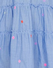 Girls Floral Embroidered Chambray Dress, Blue (BLUE), large