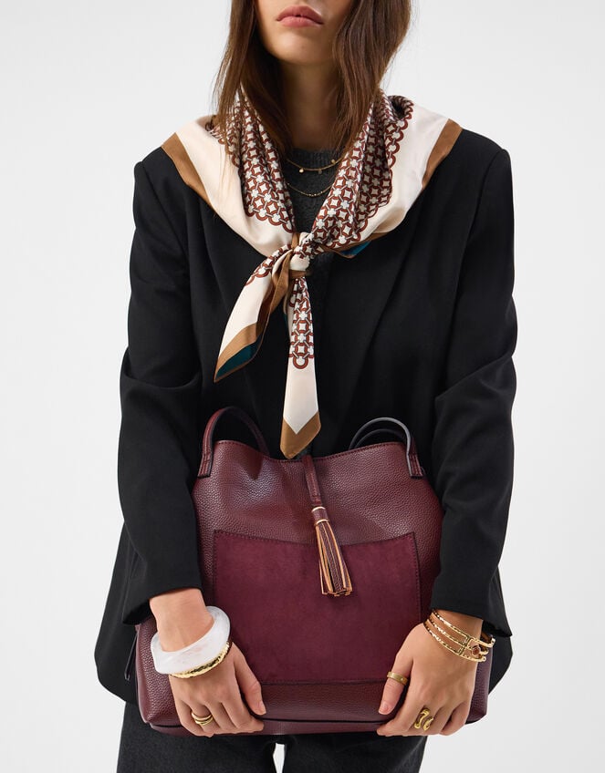 Slouchy Tassel Charm Shoulder Bag, Red (BURGUNDY), large
