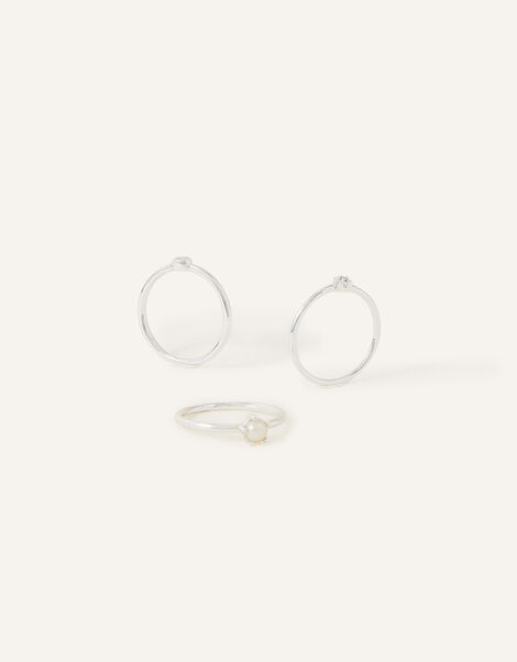 Sterling Silver-Plated Rings Set of Three, Cream (PEARL), large
