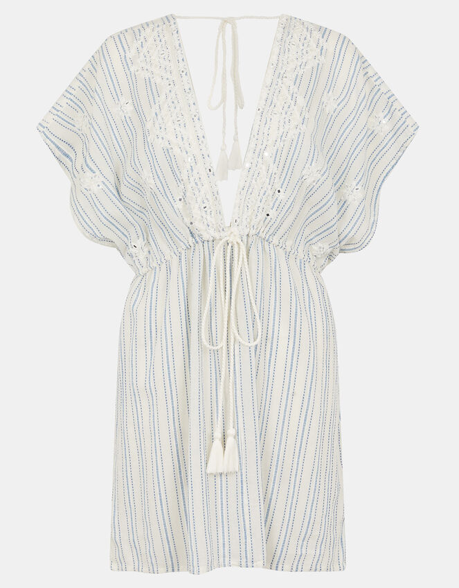 Embroidered Stripe Mini Kaftan, Blue (BLUE), large