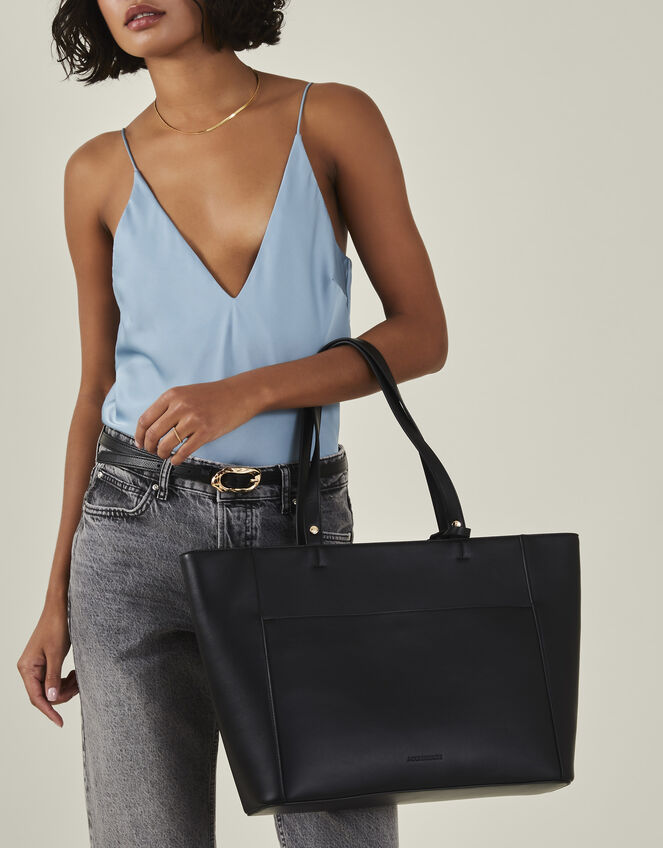 Smooth Faux Leather Tote Bag, Black (BLACK), large