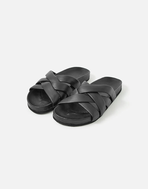 Chunky Woven Leather Sandals, Black (BLACK), large