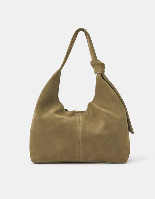 Slouchy Knot Leather Shoulder Bag, Green (KHAKI), large