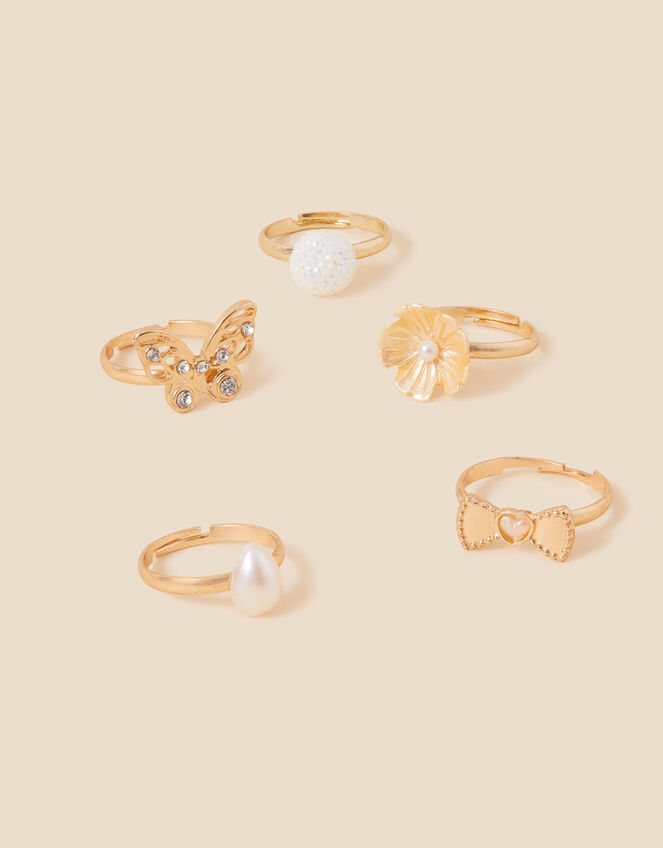 Girls Pearly Adjustable Rings 5 Pack, , large