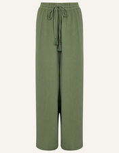 Crinkle Tie Waist Beach Trousers, Green (KHAKI), large