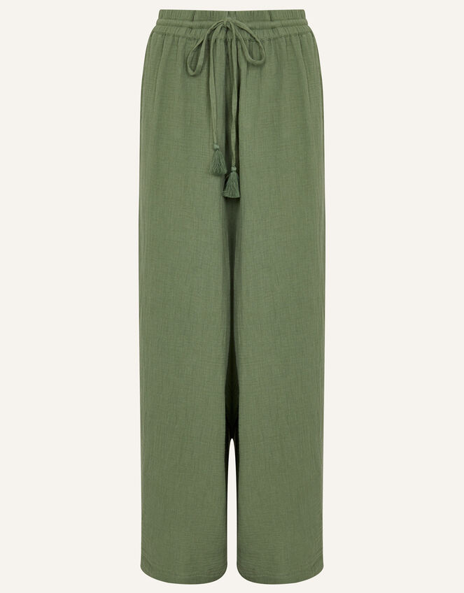 Crinkle Tie Waist Beach Trousers, Green (KHAKI), large