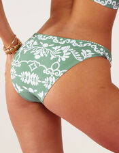 Ornamental Print Ruched Side Bikini Bottoms, Green (KHAKI), large