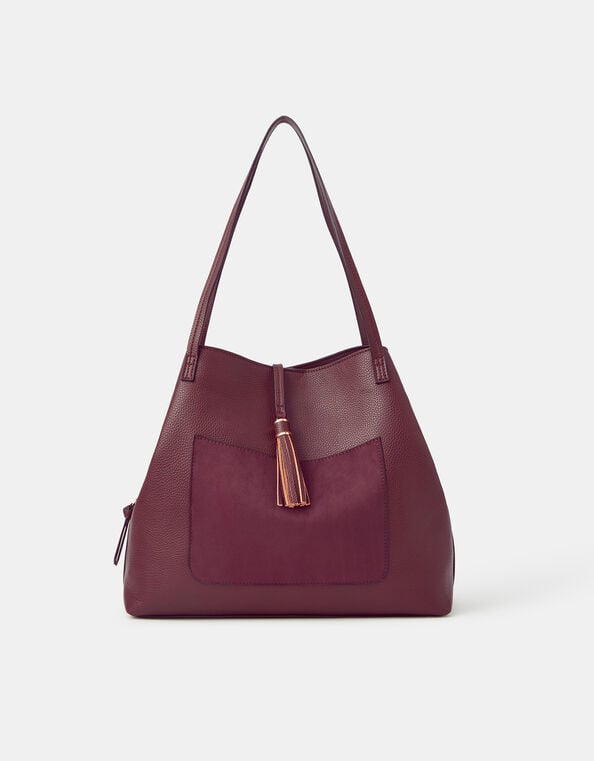 Slouchy Tassel Charm Shoulder Bag, Red (BURGUNDY), large