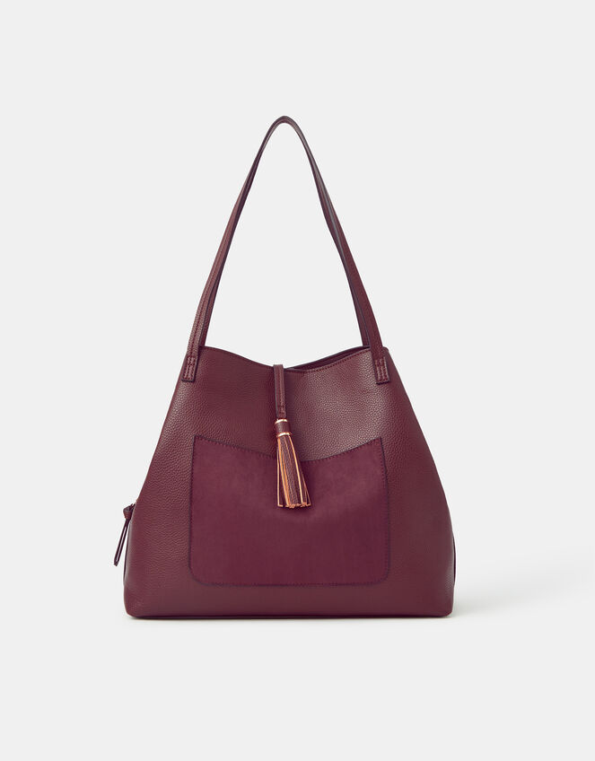 Slouchy Tassel Charm Shoulder Bag, Red (BURGUNDY), large