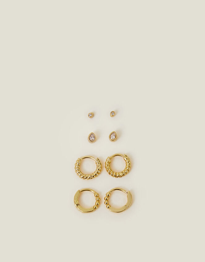 4-Pack 14ct Gold-Plated Sparkle Stud and Hoop Earrings, , large