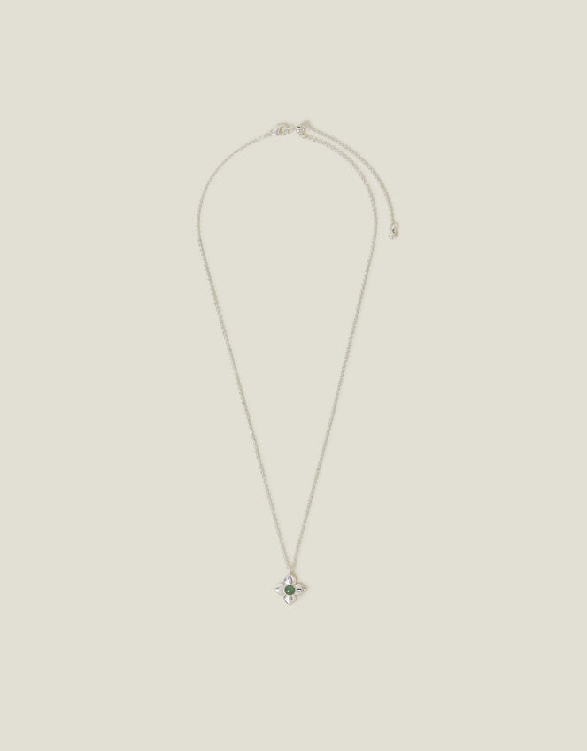 Sterling Silver-Plated Aventurine Clover Pendant Necklace, , large