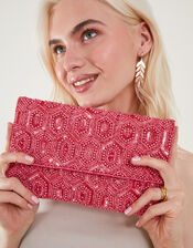 Classic Beaded Hand Embellished Clutch, Orange (CORAL), large