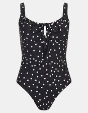 Polka Dot Tie Front Swimsuit, Black (BLACK), large