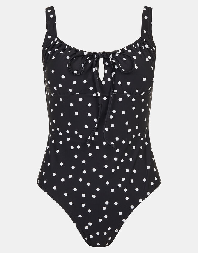 Polka Dot Tie Front Swimsuit, Black (BLACK), large