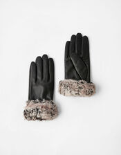 Leather and Faux Fur Gloves, Black (BLACK), large