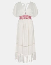 Palm Embroidered Fringe Kaftan Dress, Ivory (IVORY), large