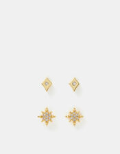 2-Pack 14ct Gold-Plated Diamanté Star Stud Earrings, , large