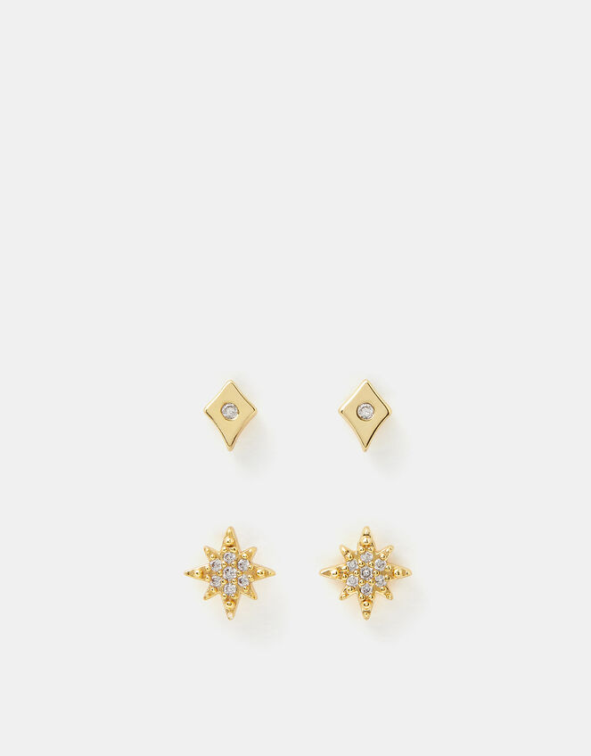 2-Pack 14ct Gold-Plated Diamanté Star Stud Earrings, , large