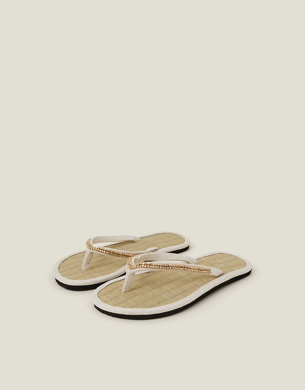 Beaded Seagrass Flip Flops, Cream (CREAM), large