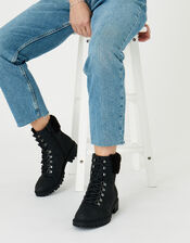 Borg Trim Biker Boots, Black (BLACK), large
