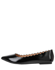 Patent Scallop Edge Flat Shoes, Black (BLACK), large
