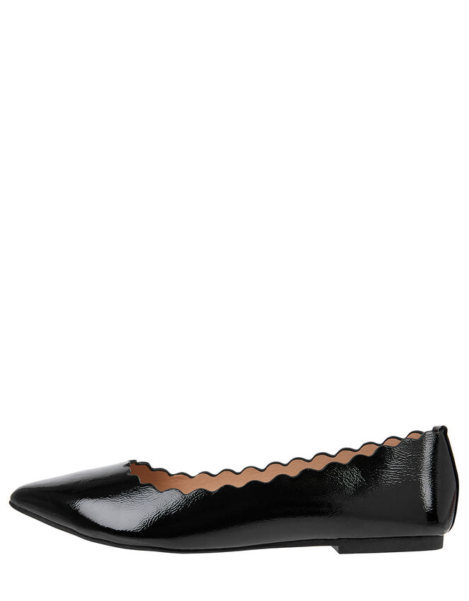 Patent Scallop Edge Flat Shoes, Black (BLACK), large