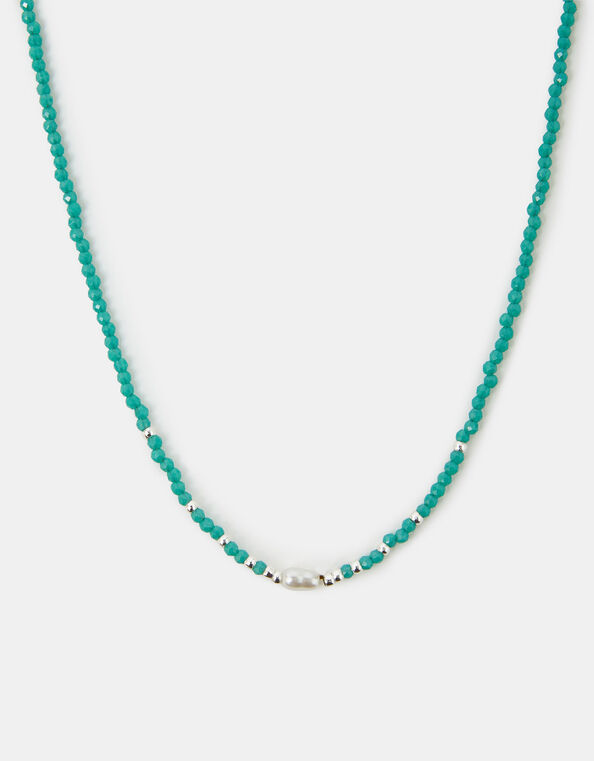 Sterling Silver-Plated Pearl Beaded Necklace, Green (GREEN), large