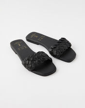 Plaited Strap Leather Sliders, Black (BLACK), large