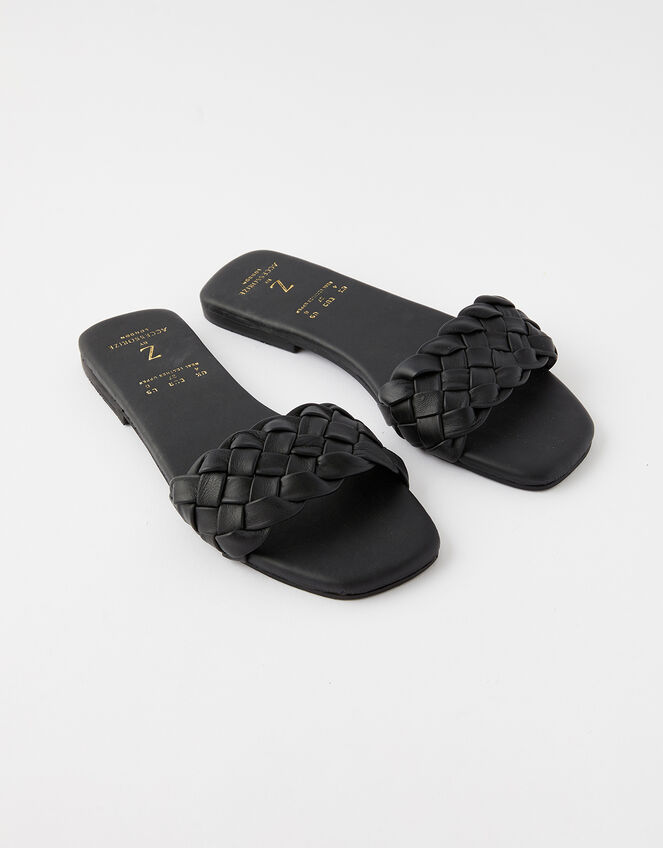 Plaited Strap Leather Sliders, Black (BLACK), large