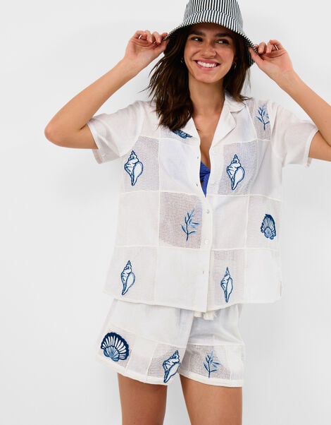 Shell Embroidered Patchwork Shirt, Ivory (IVORY), large
