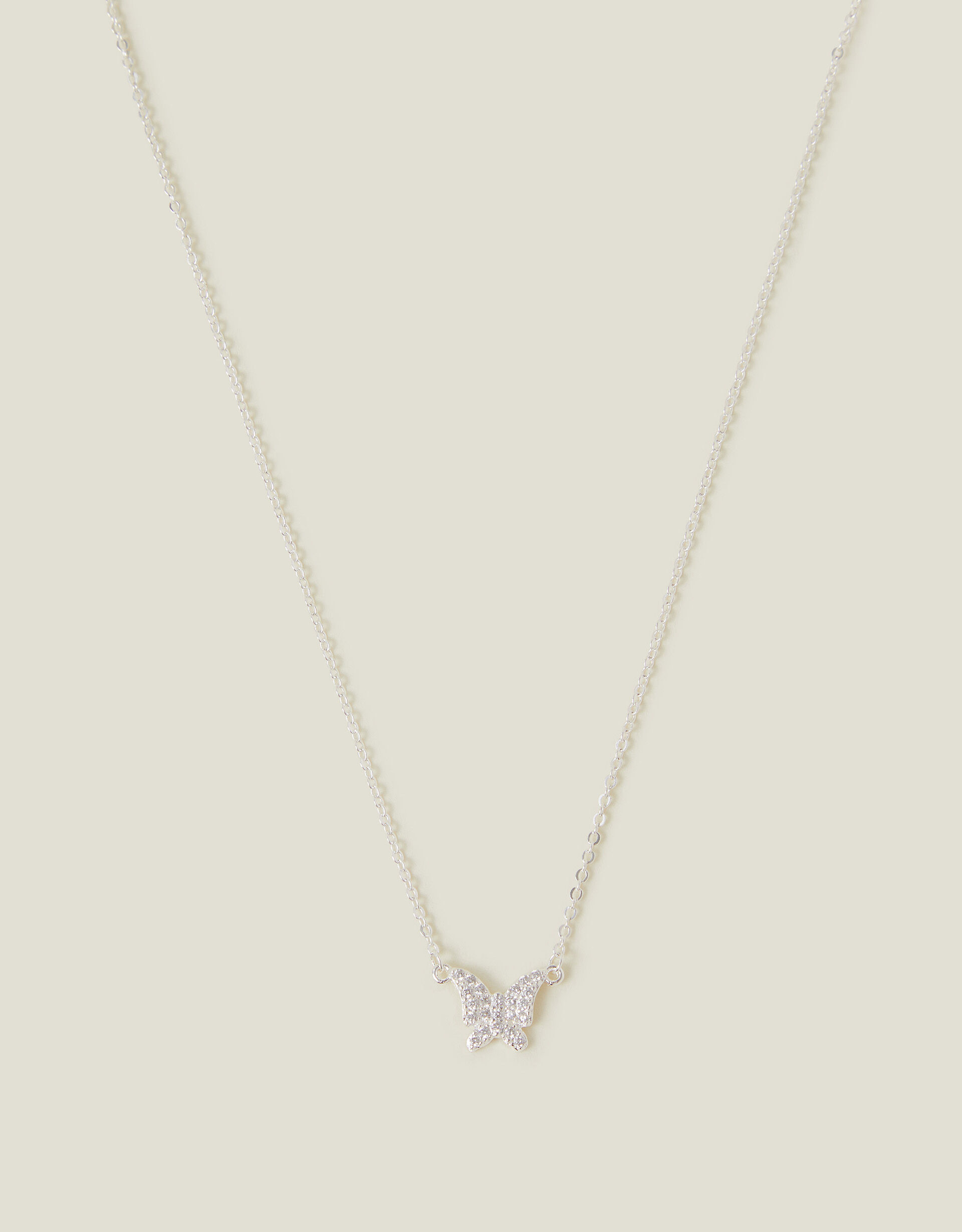Sterling Silver Plated Diamante Butterfly Pendant Necklace Sterling Silver Accessorize UK