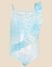 Girls Asymmetric Mermaid Swimsuit, Blue (BLUE), large