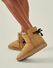 Bow Faux Fur-Lined Suedette Boots, Tan (TAN), large