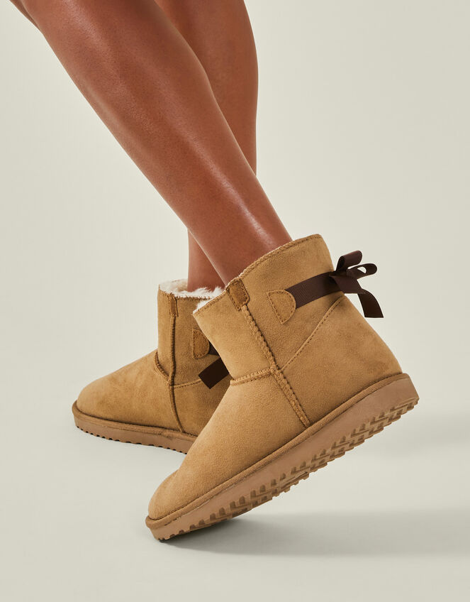 Bow Faux Fur-Lined Suedette Boots, Tan (TAN), large