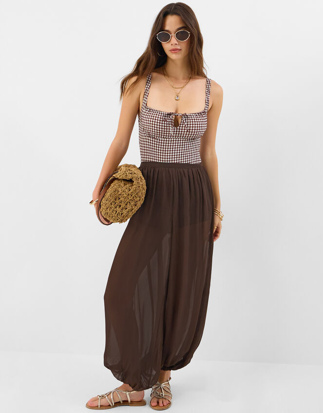 Gingham Seersucker Swimsuit, Brown (BROWN), large