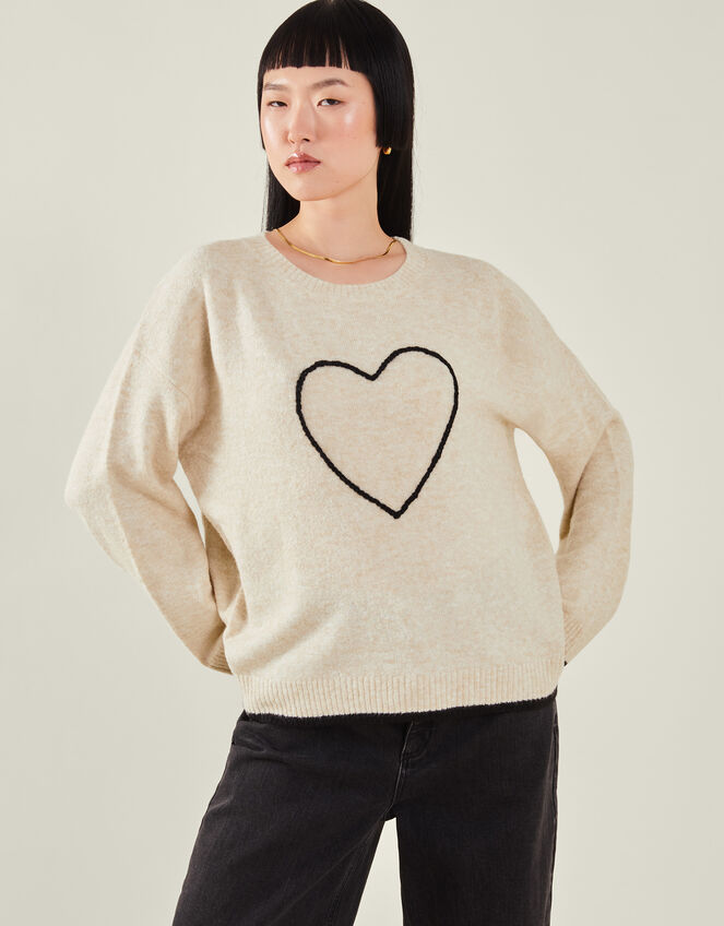 Grace & Mila Embroidered Heart Crew Neck Jumper, Camel (BEIGE), large